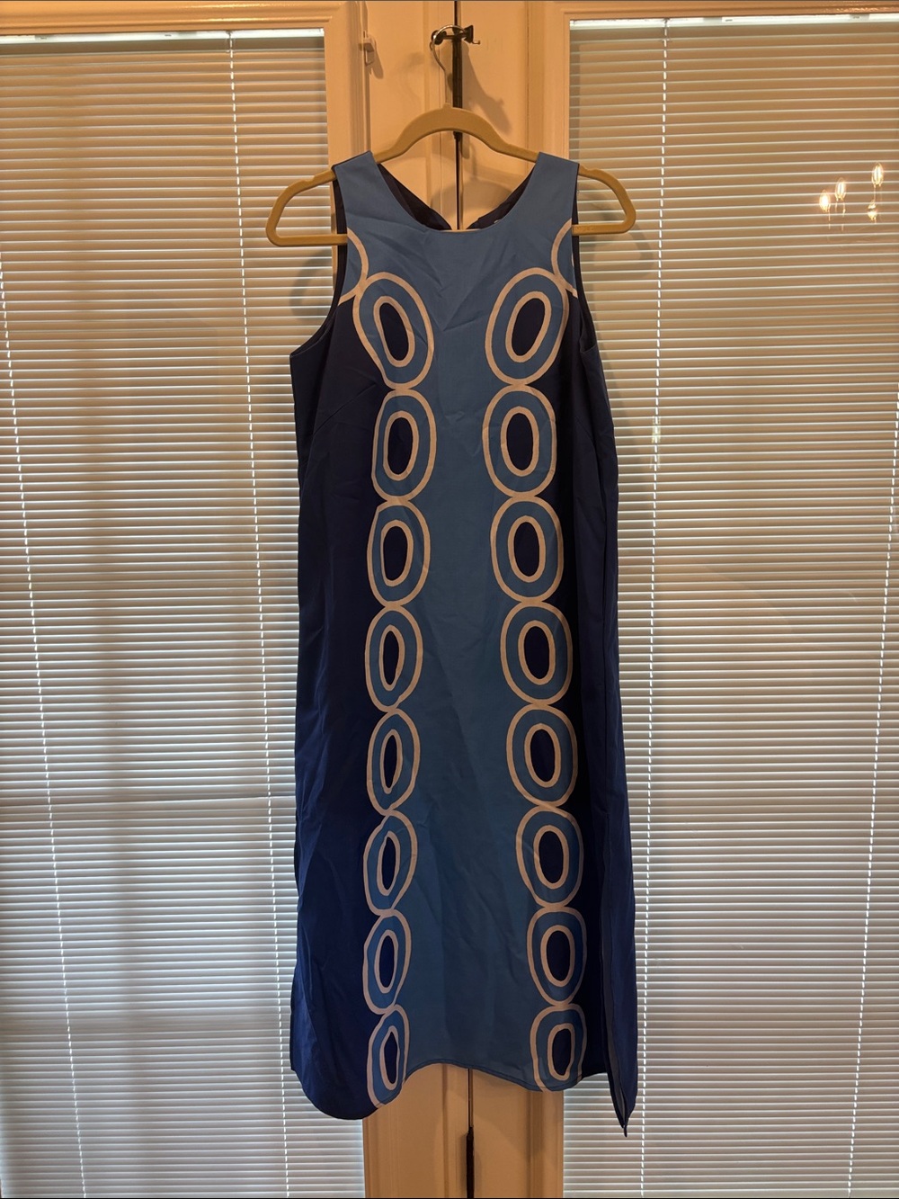 Jade Sleeveless Blue Midi Dress with Circular Trim